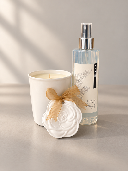 Conjunto Linho Fresco com vela, home spray e flor em gesso perfumado
