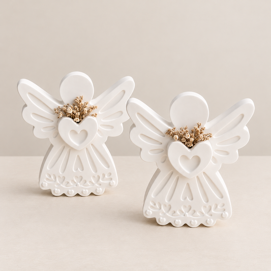 Dois anjos em gesso perfumado brancos com aroma de talco